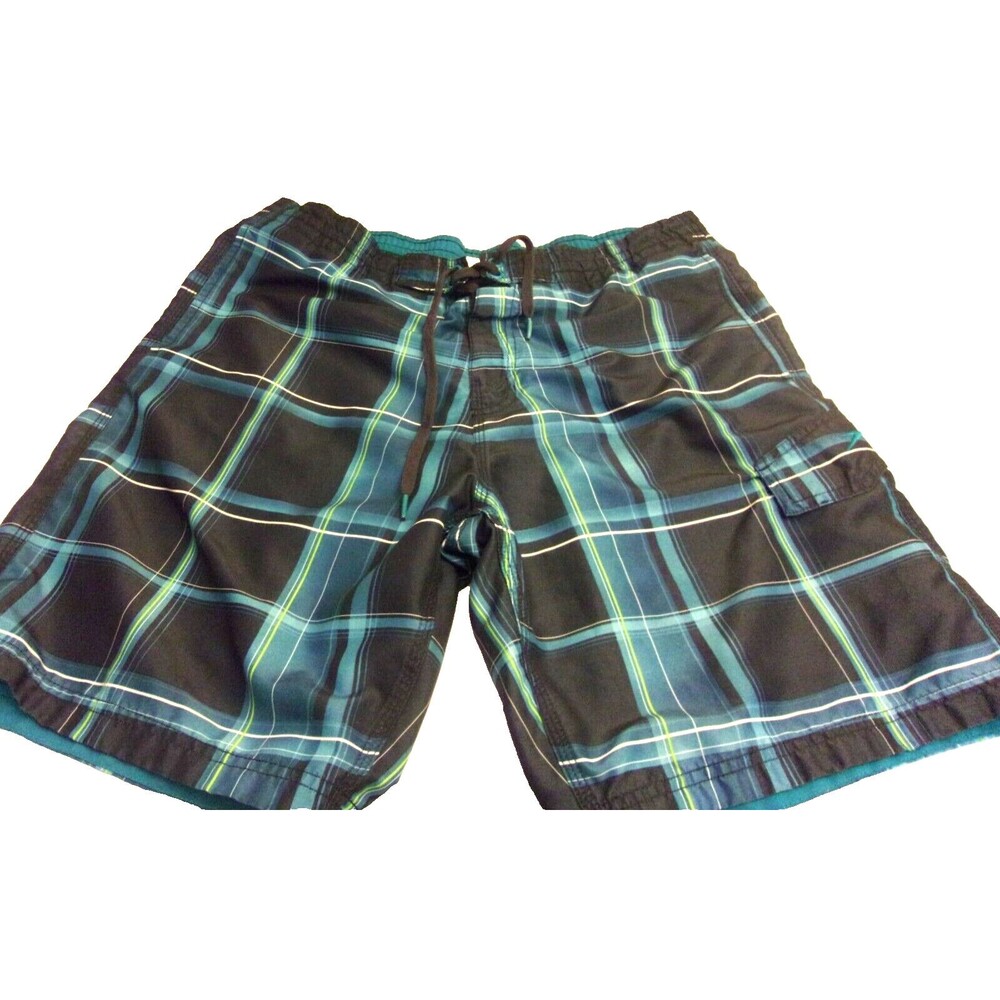 Speedo Swim Trunks Sz. M 36  Inseam 9" Black Blue Plaid Design Mens